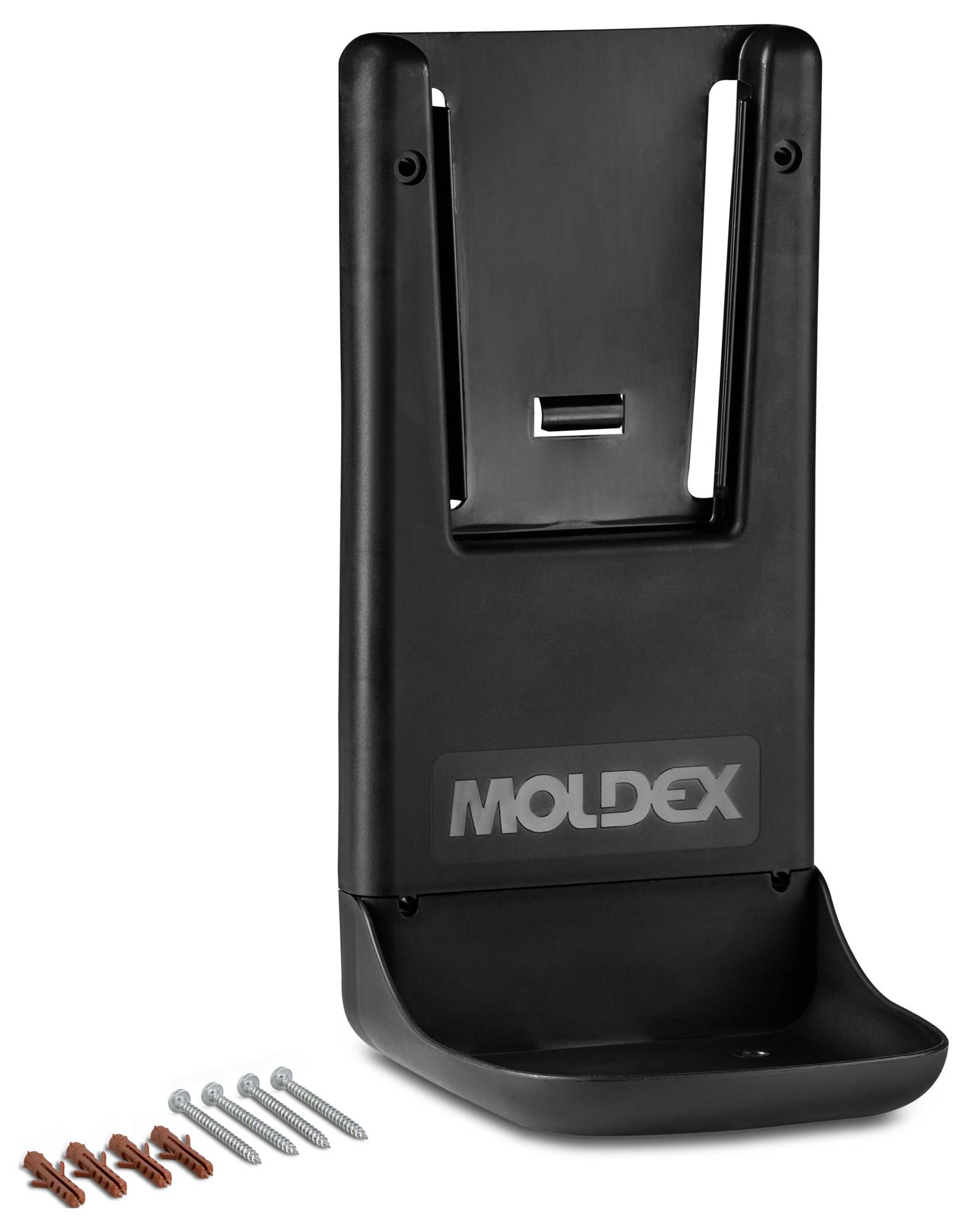 Crni stalak za montažu na zid s imenom marke "Moldex" utisnutim na prednjoj strani, dizajniran za pohranu predmeta u obliku kutije; dolazi sa vijcima i klinovima za instalaciju.