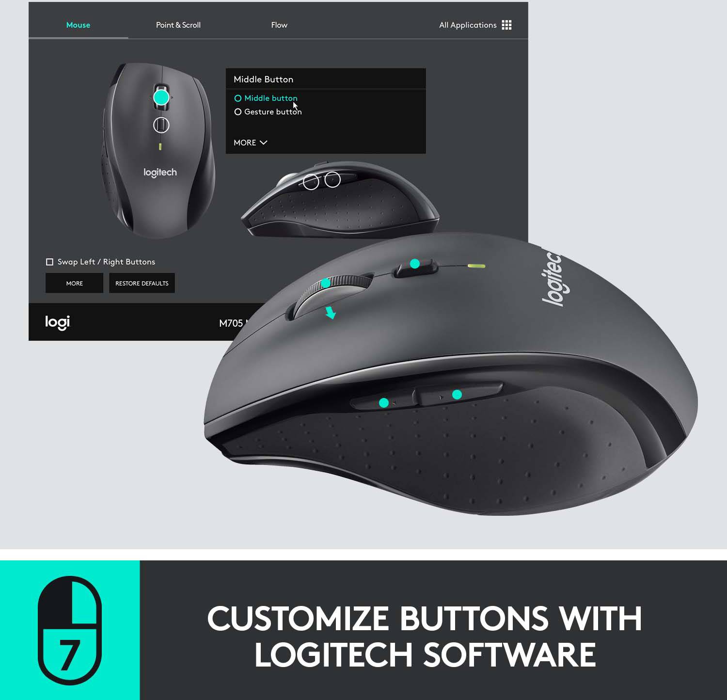 Prilagodba tipki Logitech miša pomoću Logitech softvera, prikazuje konfiguraciju srednje, gornje i gesture tipke.