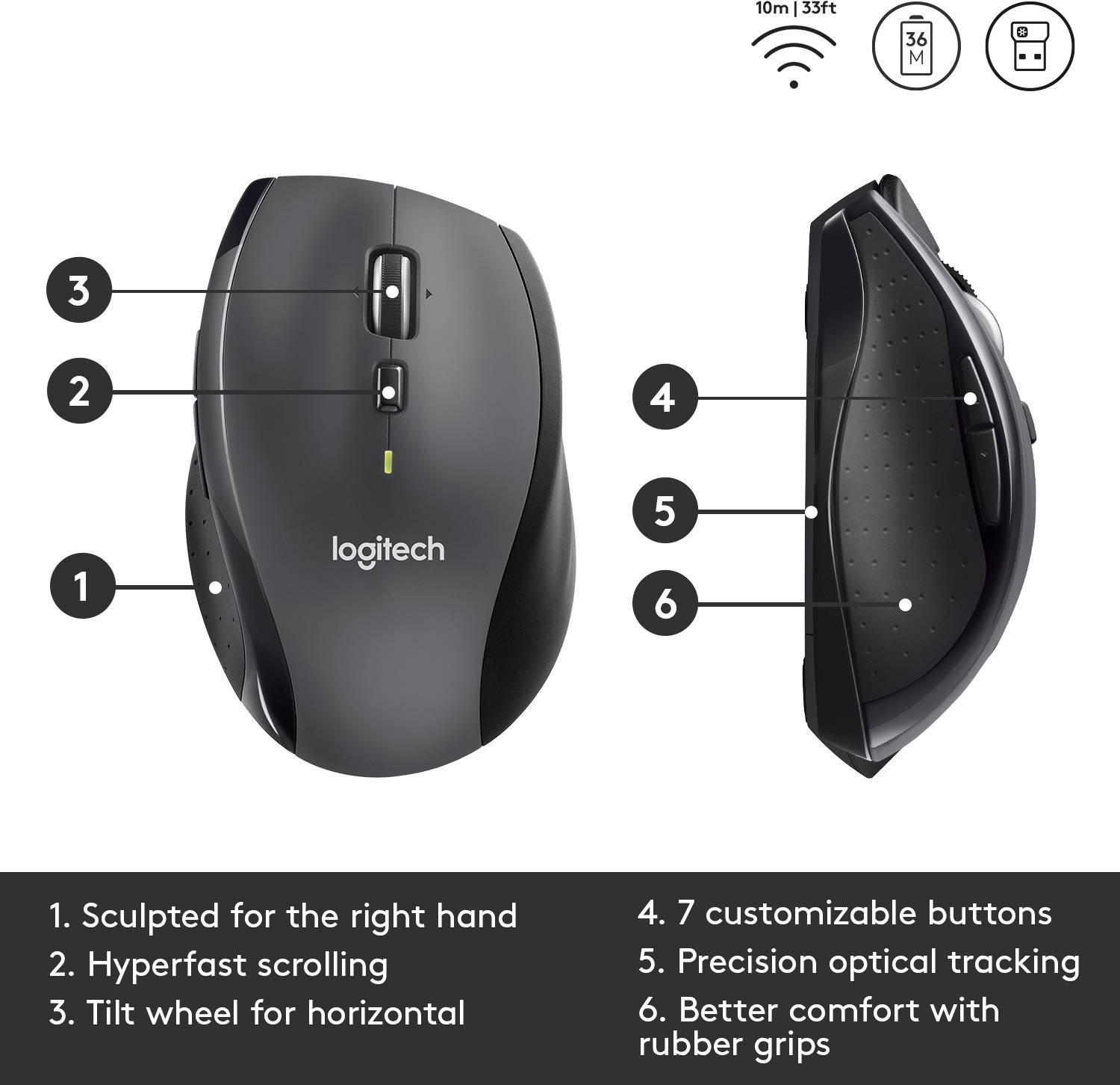 Ergonomski miš s 6 tipki i nagibnim kotačićem za pomicanje, dizajniran za desnu ruku. Funkcije uključuju brzo pomicanje i precizno skeniranje.