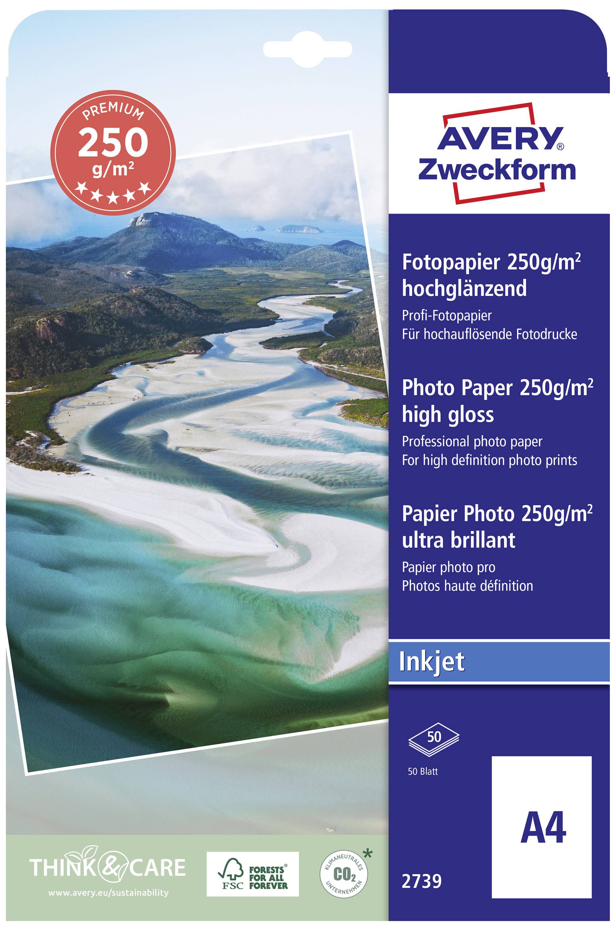 Pakiranja foto-sjajnog fotopapira marke Avery Zweckform, 250 g/m², format A4, 50 listova, za inkjet printer.