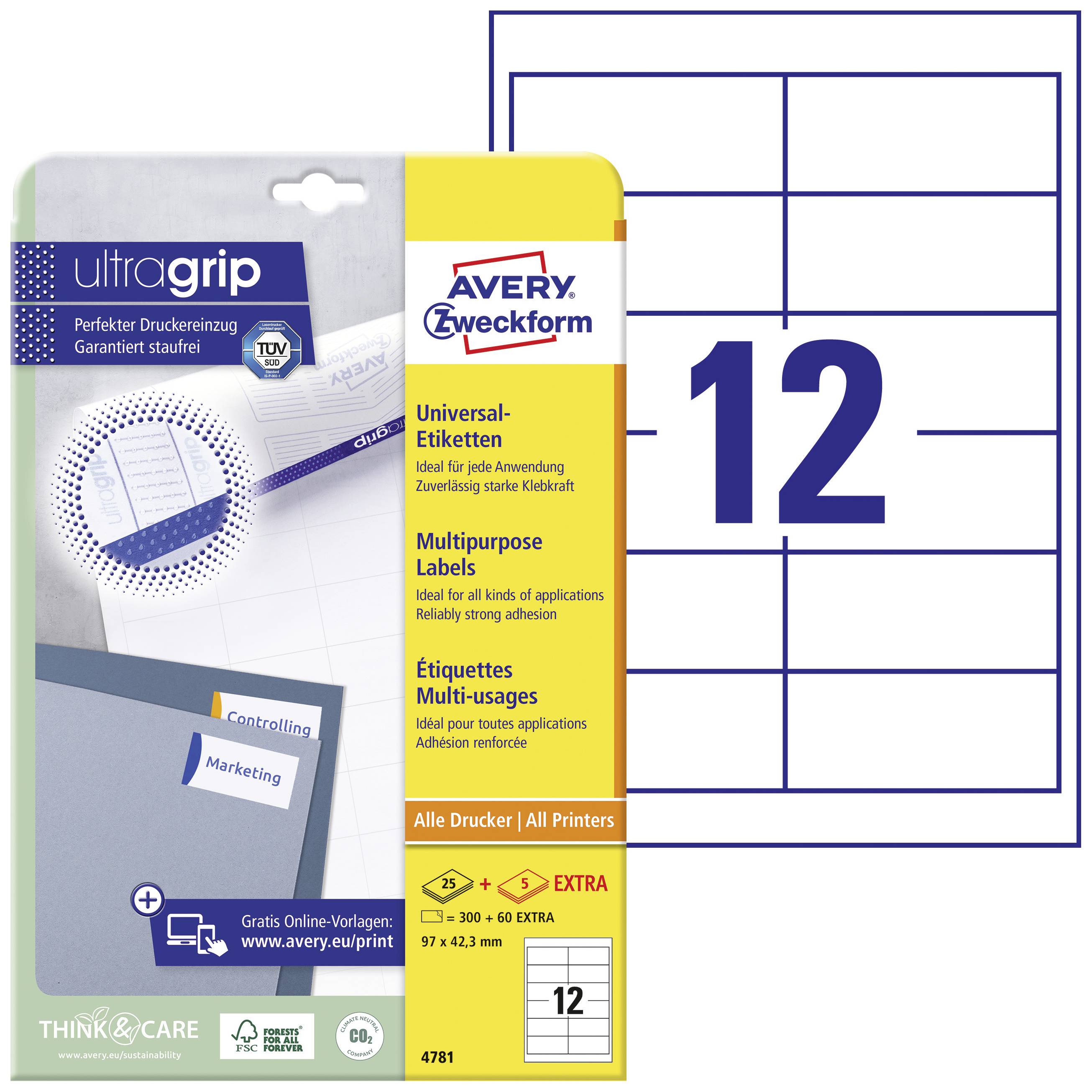 Avery Zweckform univerzalne naljepnice s UltraGrip tehnologijom, 12 naljepnica po stranici, žuta ambalaža s plavim UltraGrip dizajnom.