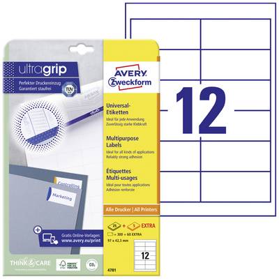 Avery Zweckform univerzalne naljepnice s UltraGrip tehnologijom, 12 naljepnica po stranici, žuta ambalaža s plavim UltraGrip dizajnom.