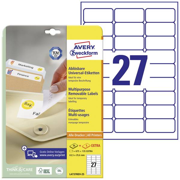 Avery-Zweckform L4737REV-25 univerzalne naljepnice 63.5 x 29.6 mm papir bijela 810 St. ponovno ljepljenje tintni pisač, laserski pisač, laserski pisač u boji, mašina za kopiranje, kopirni uređaj u boji, rukopis