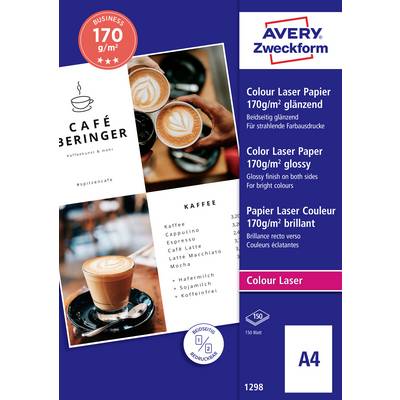 Avery Zweckform A4 papir za farebný laserjet, 170 g/m² sjajno na obeh straneh, 150 listov, prikazano s vzorovými tlačami jedálneho lístka kaviarne.