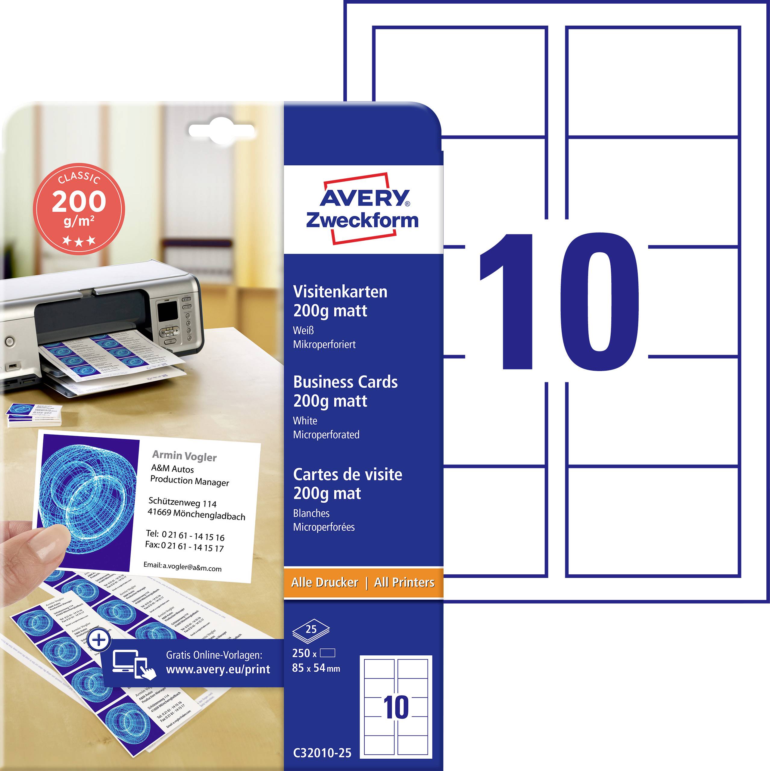 Avery Zweckform papir za poslovne kartice s paketom i šablonom za 10 kartica, 85 x 54 mm, 200 gsm, za sve pisače, s ispisanim uzornim karticama s lijeve strane.