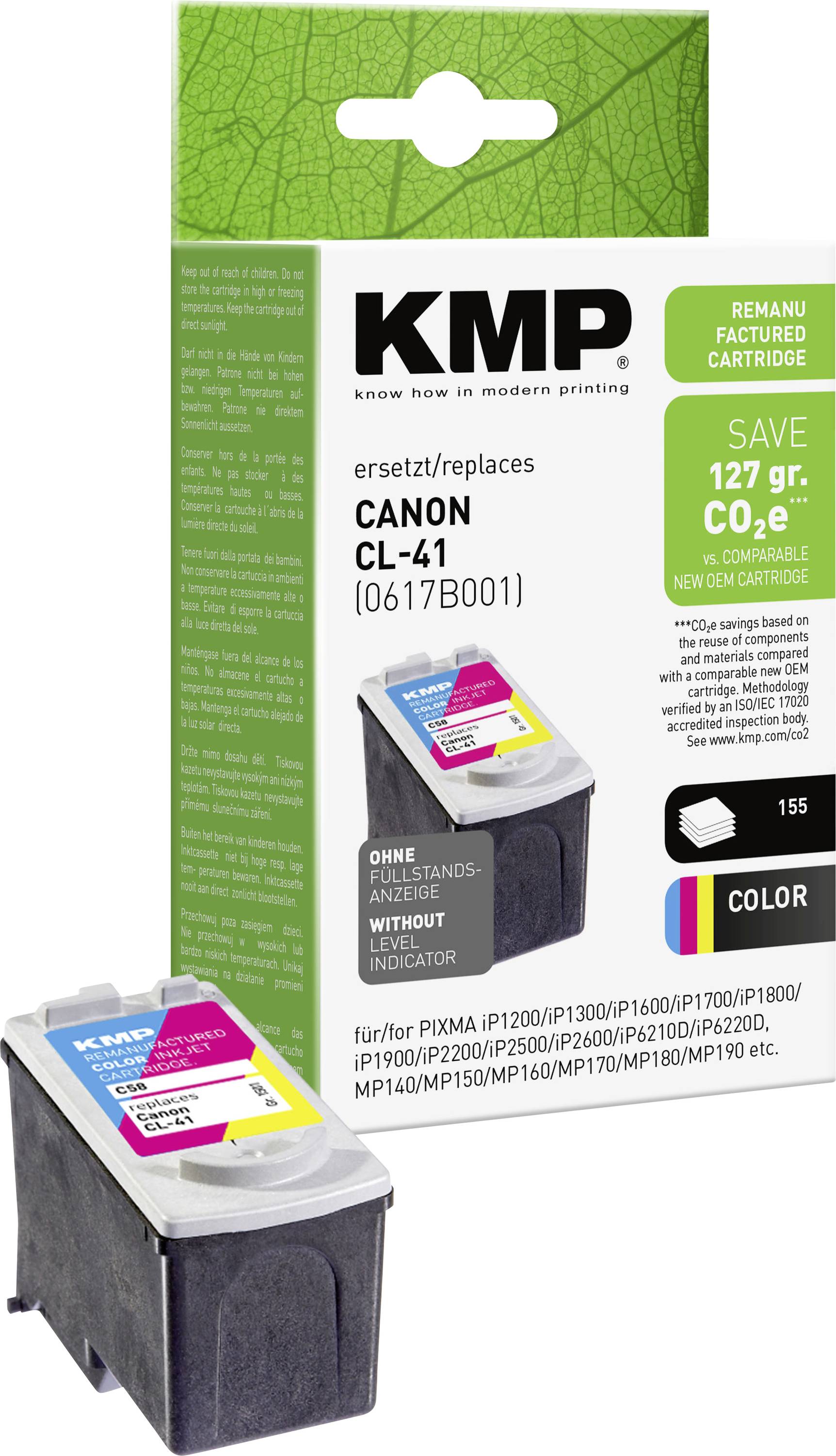 KMP ponovno proizvedena Canon CL-41 tintna patrona u boji s originalnom ambalažom proizvoda i fotografijom patrone ispred.
