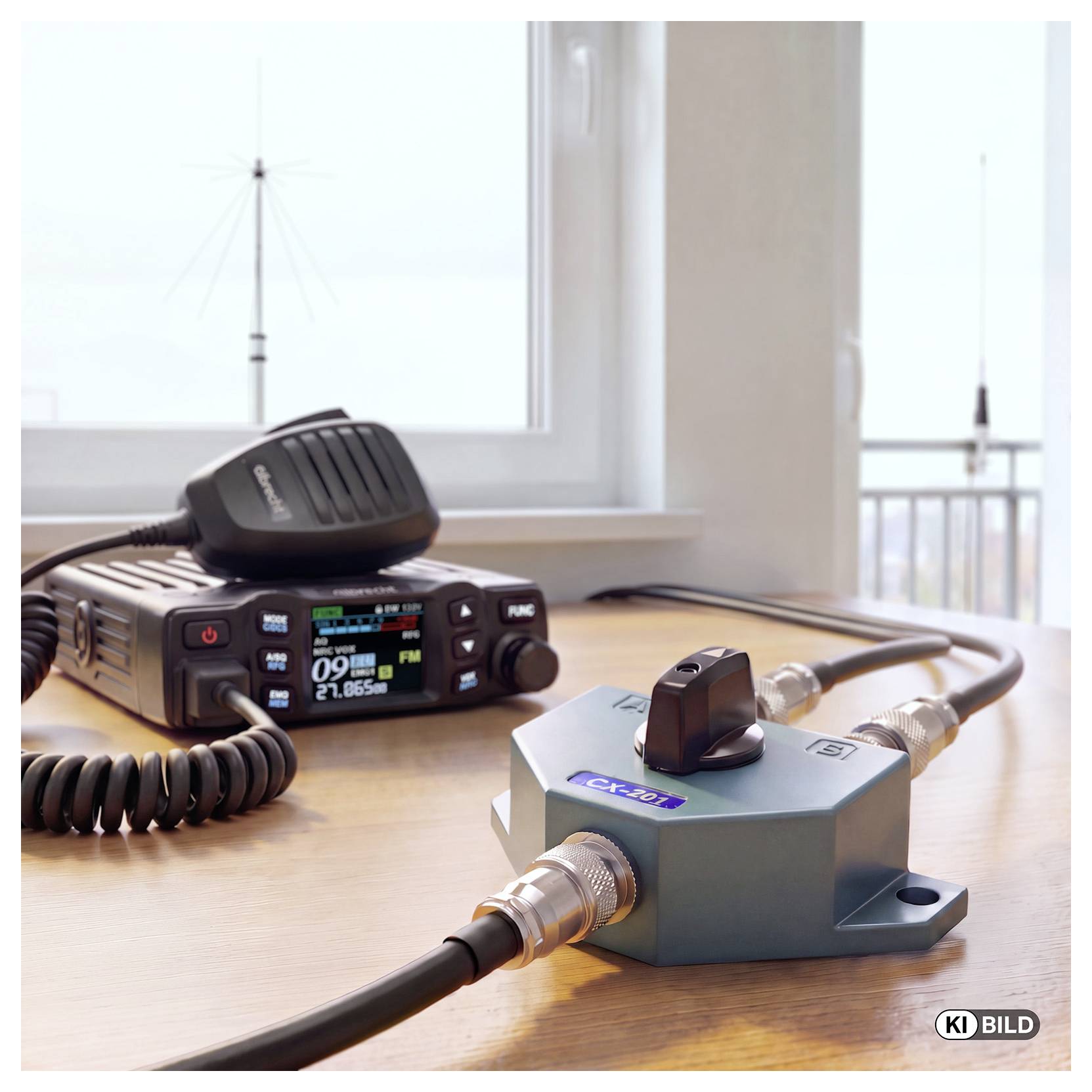 Mobilni radio transceiver s mikrofonom i povezanim ugrađenim signalnim uređajem na stolu uz prozor, što sugerira opremu za radio komunikaciju.