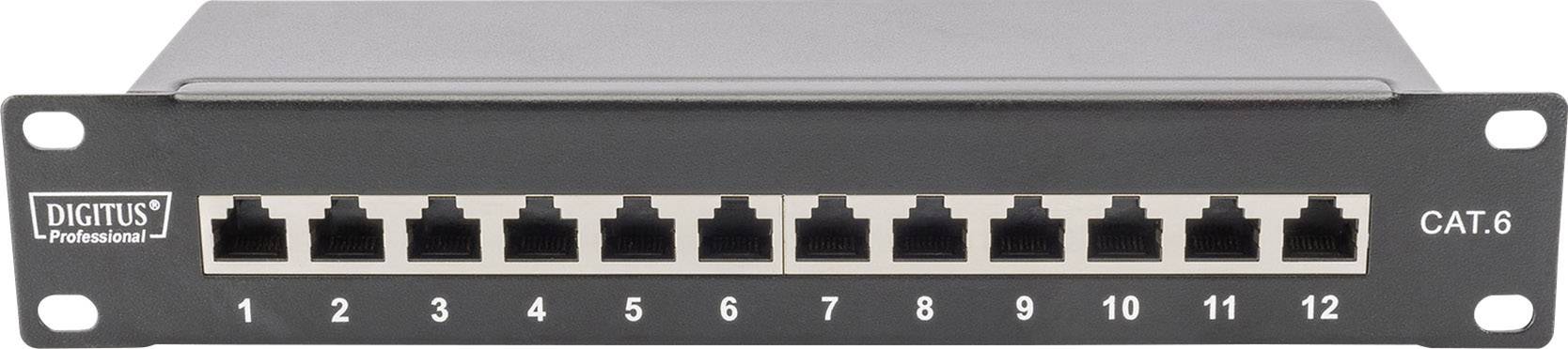 Ethernet patch panel s 12 RJ-45 priključaka u metalnom kućištu, pogodan za Cat-6 mrežne kabelske spojeve.