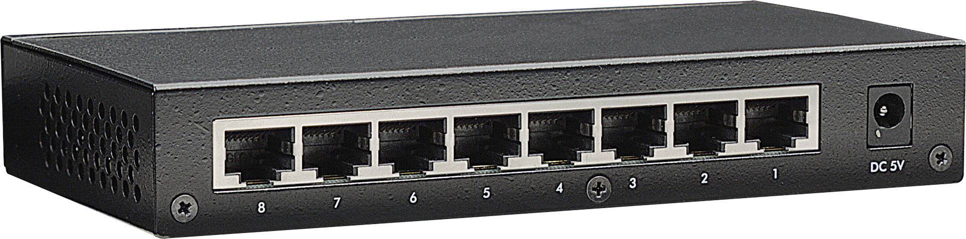 Crni mrežni switch s osam Ethernet priključaka i utičnicom za napajanje, pogodan za kućne ili uredske mreže.