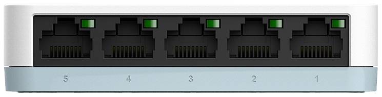 Mrežni switch s pet Ethernet priključaka, numerirani od 1 do 5, svi priključci su dostupni i označeni zelenom bojom.