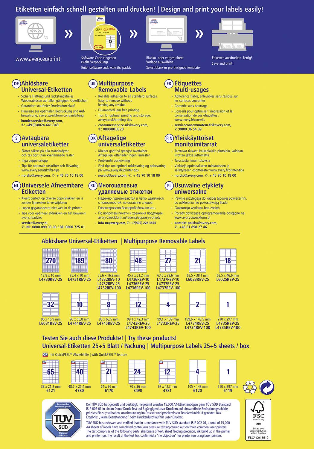Uklonjive универзалне етикете, Višenamjenske uklonjive naljepnice. Različite veličine etiketa za univerzalnu upotrebu, 25+5 listova po pakiranju. TÜV certificirano.