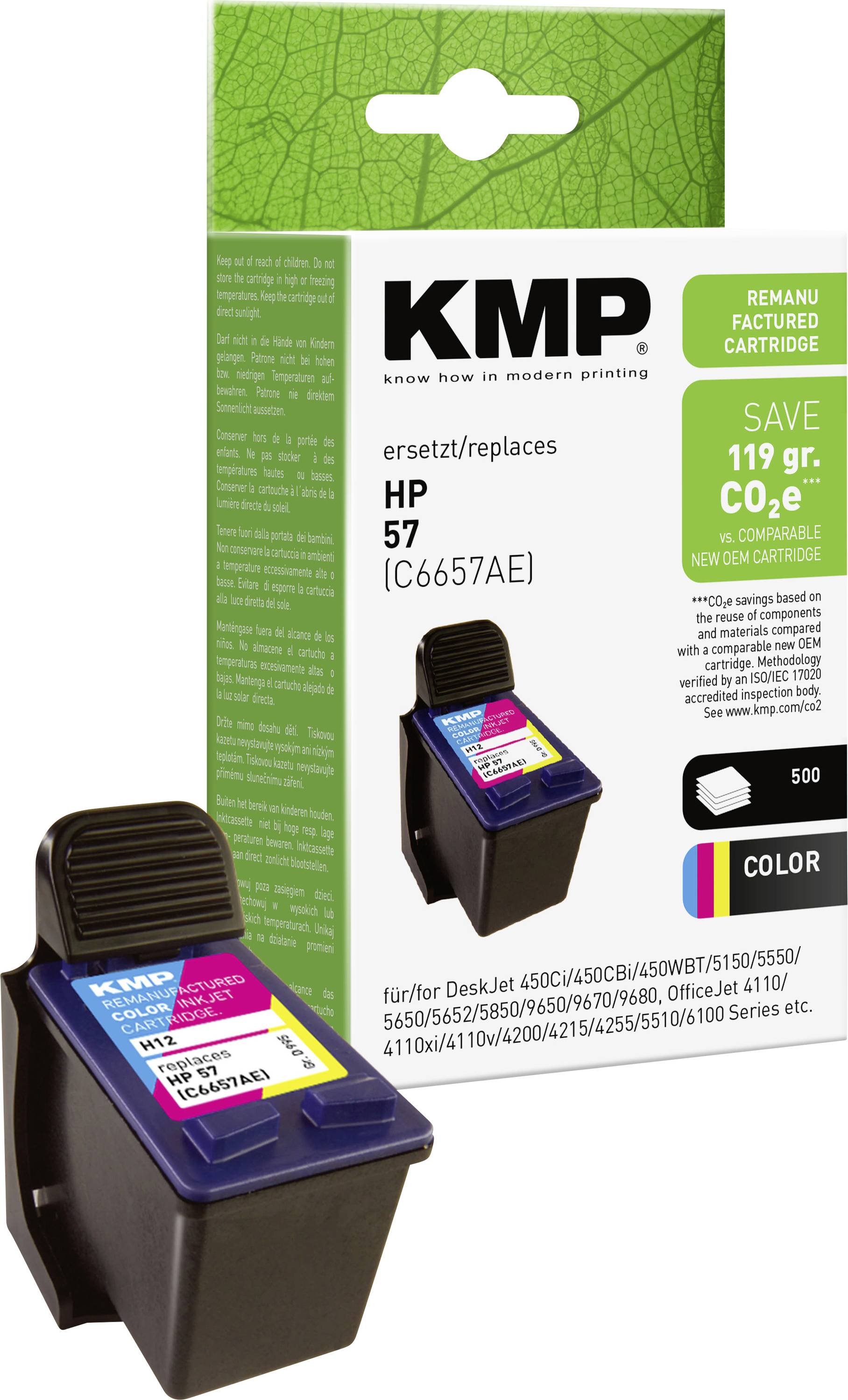 KMP ponovno proizvedena HP 57 boja tinta patrona pakiranje s odgovarajućom patronom prikazanom sprijeda.