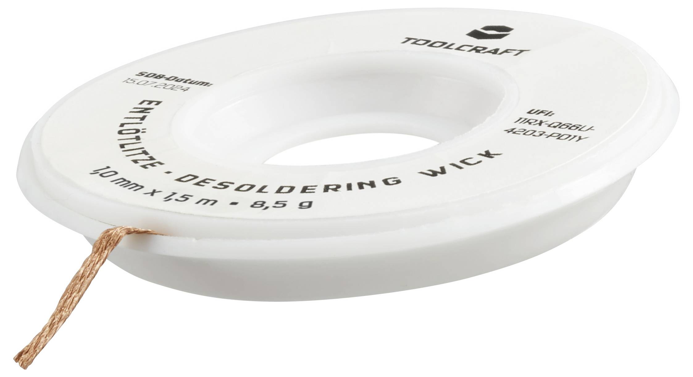 Kolut za lemljenje s etiketom 'Lemna traka - Desoldering Wick, 1,0 mm x 3,5 m, 8,5 g'. Pogodan za uklanjanje lemnog kalaja.