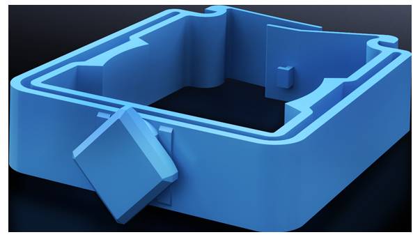 Plavi, geometrijski oblikovan 3D objekt sa kvadratnim okvirom i istaknutim detaljima na tamnoj pozadini.