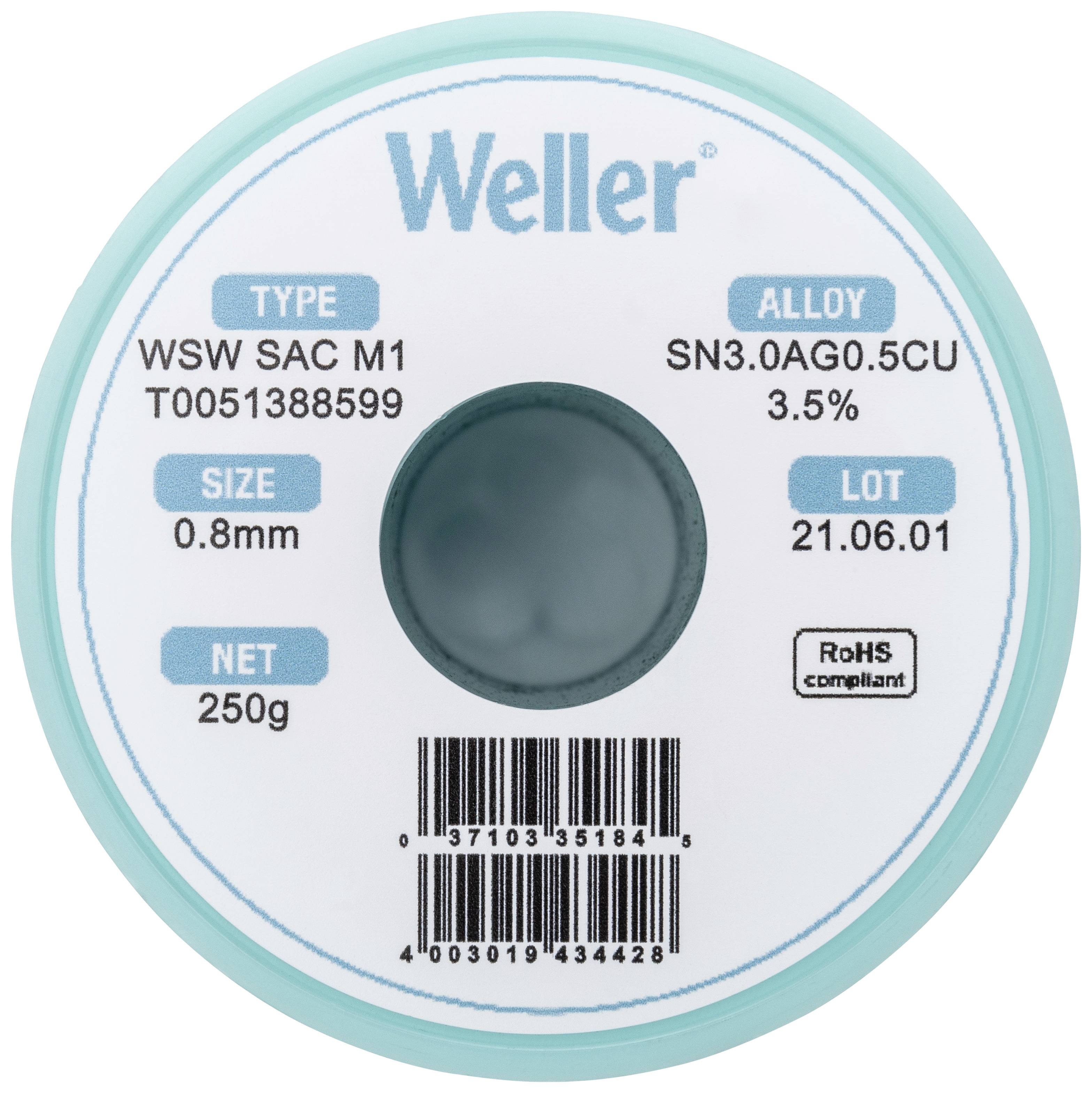 Oznaka lemnog sredstva s natpisom 'Weller'. Tip: WSW SAC M1, legura: SN3.0AG0.5CU, veličina: 0,8 mm, masa: 250 g, serija: 21.06.01.