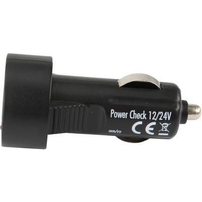 'Power Check 12/24V' mrežni adapter za vozila, crnog cilindričnog oblika, s CE oznakom. Pogodan za 12V i 24V vozila.