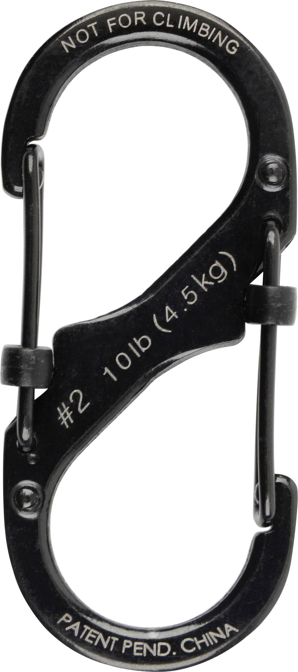 Crni karabiner s dvostrukim vratima na koji je ispisan tekst 'NIJE ZA PENJANJE', '#2 10lb (4.5kg)' i 'PATENT U TIJEKU. KINA'.