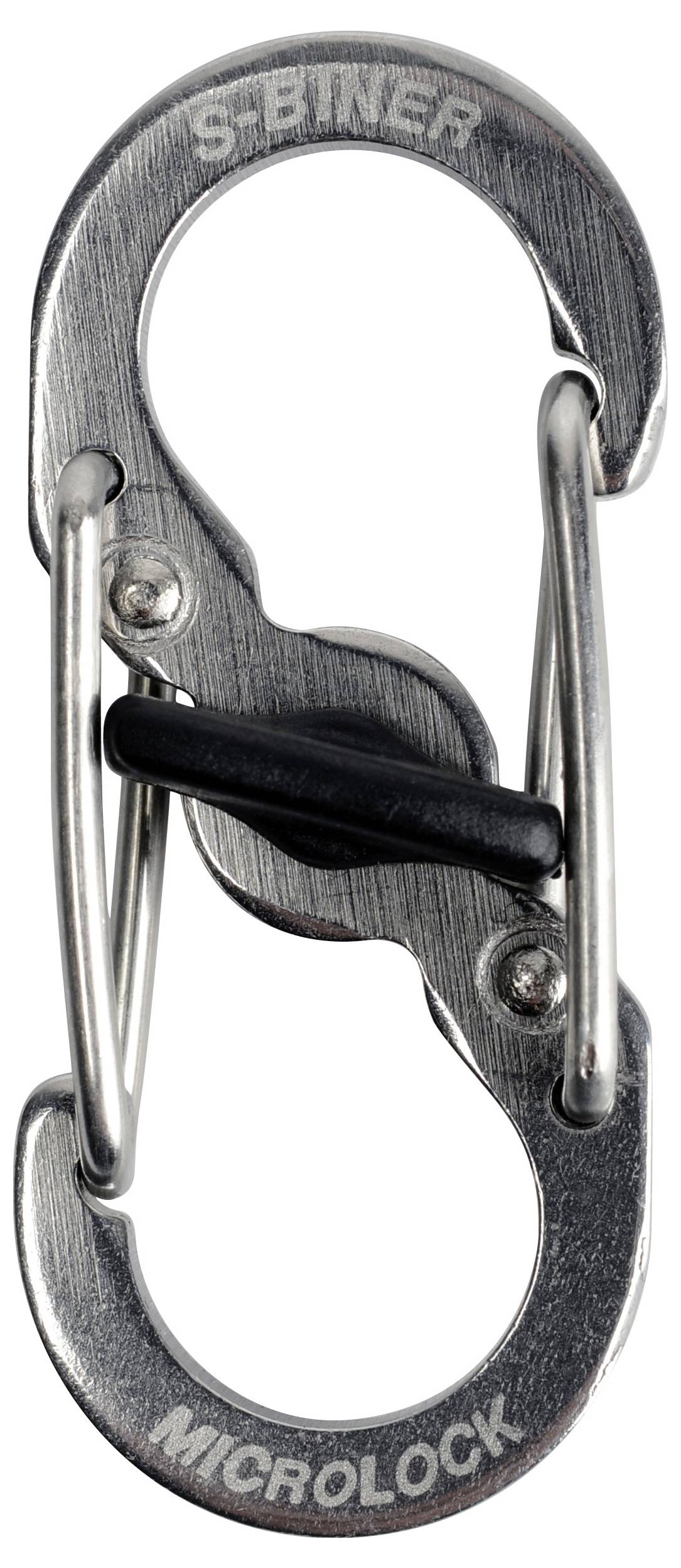 Srebrni S-Biner Microlock karabiner s dva gejta na krajevima i crnim mehanizmom za zaključavanje u sredini.