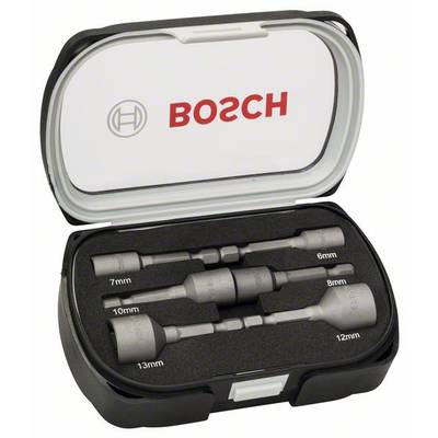 Bosch set nasadnih ključeva u otvorenoj crnoj kutiji s pet nasadnih nastavaka veličina od 6 do 13 mm.