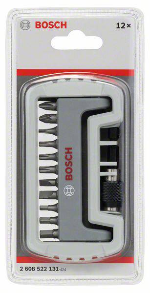 Bosch 12-dijelni set bitova u prozirnoj ambalaži. Sadrži različite nastavke za odvijač i držač.