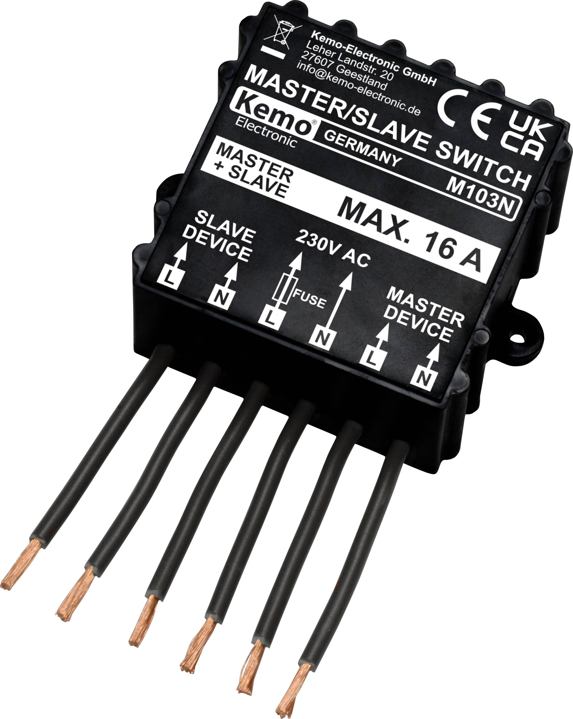 Elektronički prekidač tvrtke Kemo Germany s natpisom 'Master/Slave prekidač'. Maksimalno opterećenje 16 A. Priključni kabel vidljiv.