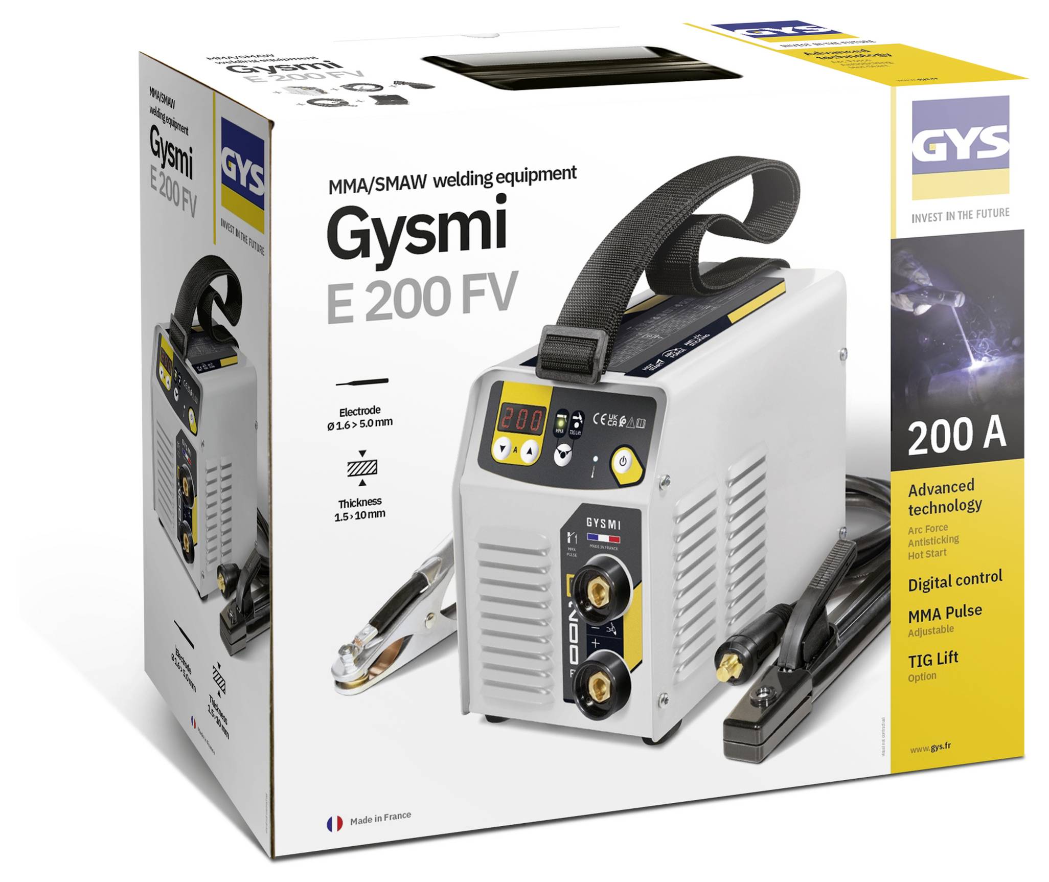 Kutija proizvoda za GYS Gysmi E 200 FV MMA/SMAM oprema za zavarivanje, prikazujući zavarivač, svesku i plamenik; ističe 200 A i digitalnu kontrolu.
