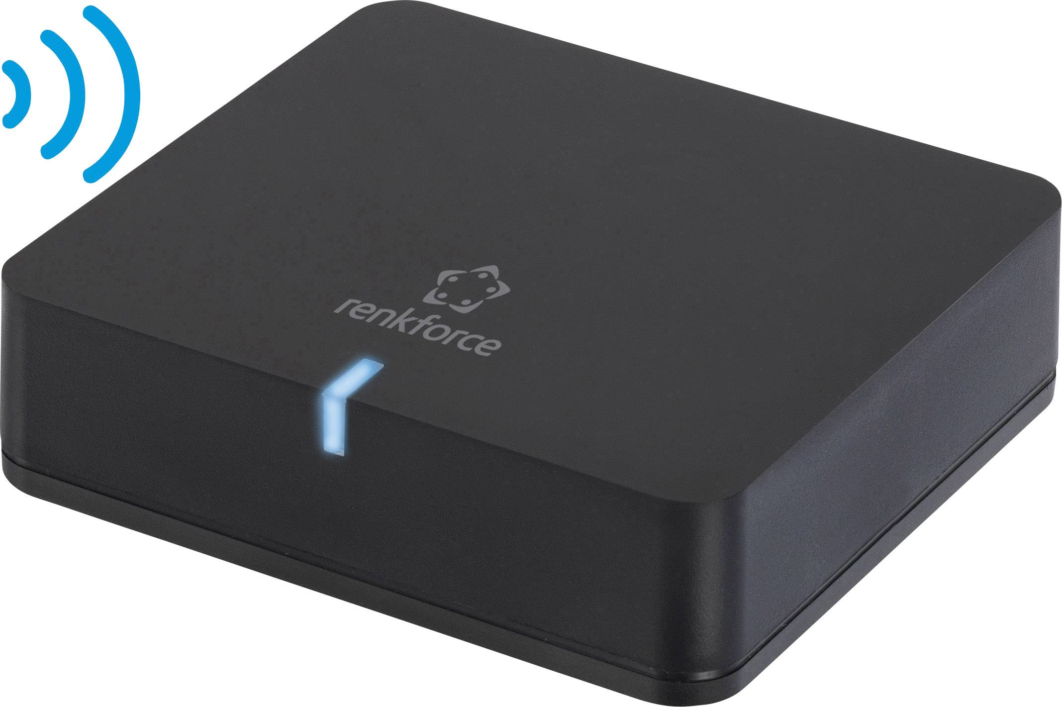 Crni Renkforce Bluetooth prijemnik s plavom LED indikacijom, pogodan za bežično audio streaming u high-fidelity sustavima.
