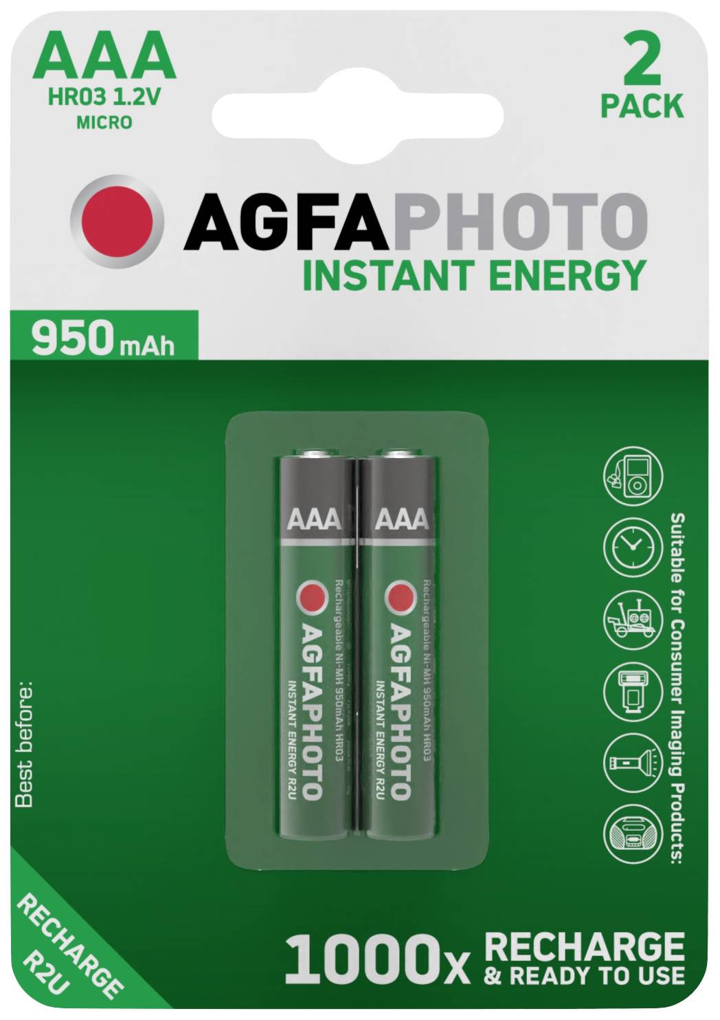 AgfaPhoto HR03 Oplaadbare AAA batterij (potlood) NiMH 950 mAh 1.2 V 2 stuk(s) afbeelding