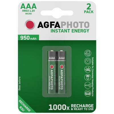 Dvije punjive AAA baterije marke AGFAPHOTO kapaciteta 950 mAh, pogodne za fotoaparate i imaging uređaje.