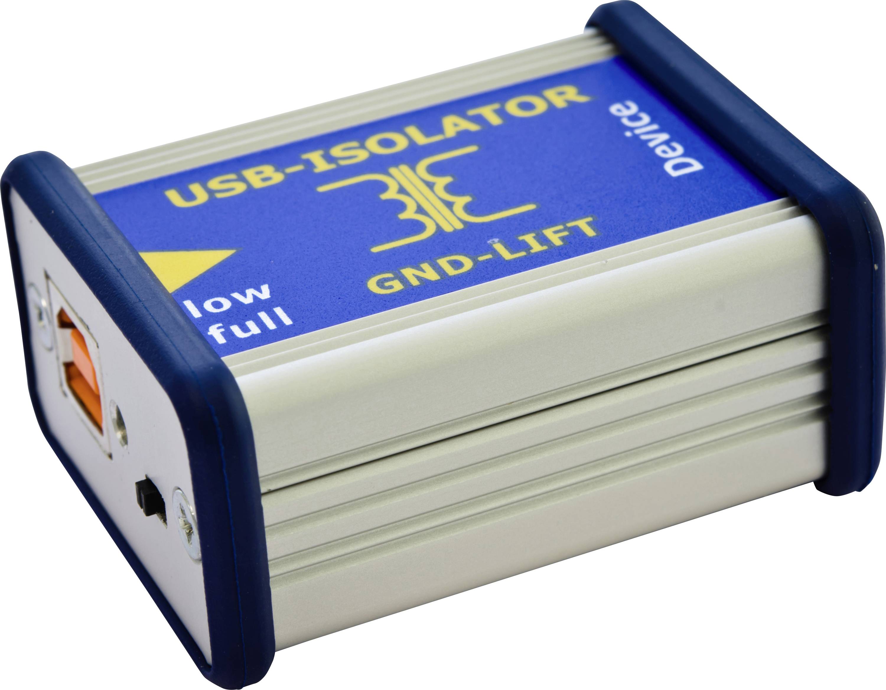USB izolator u sivom kućištu s plavim krajevima. Na vrhu piše 'USB-Izolator GND-LIFT' žutim slovima.