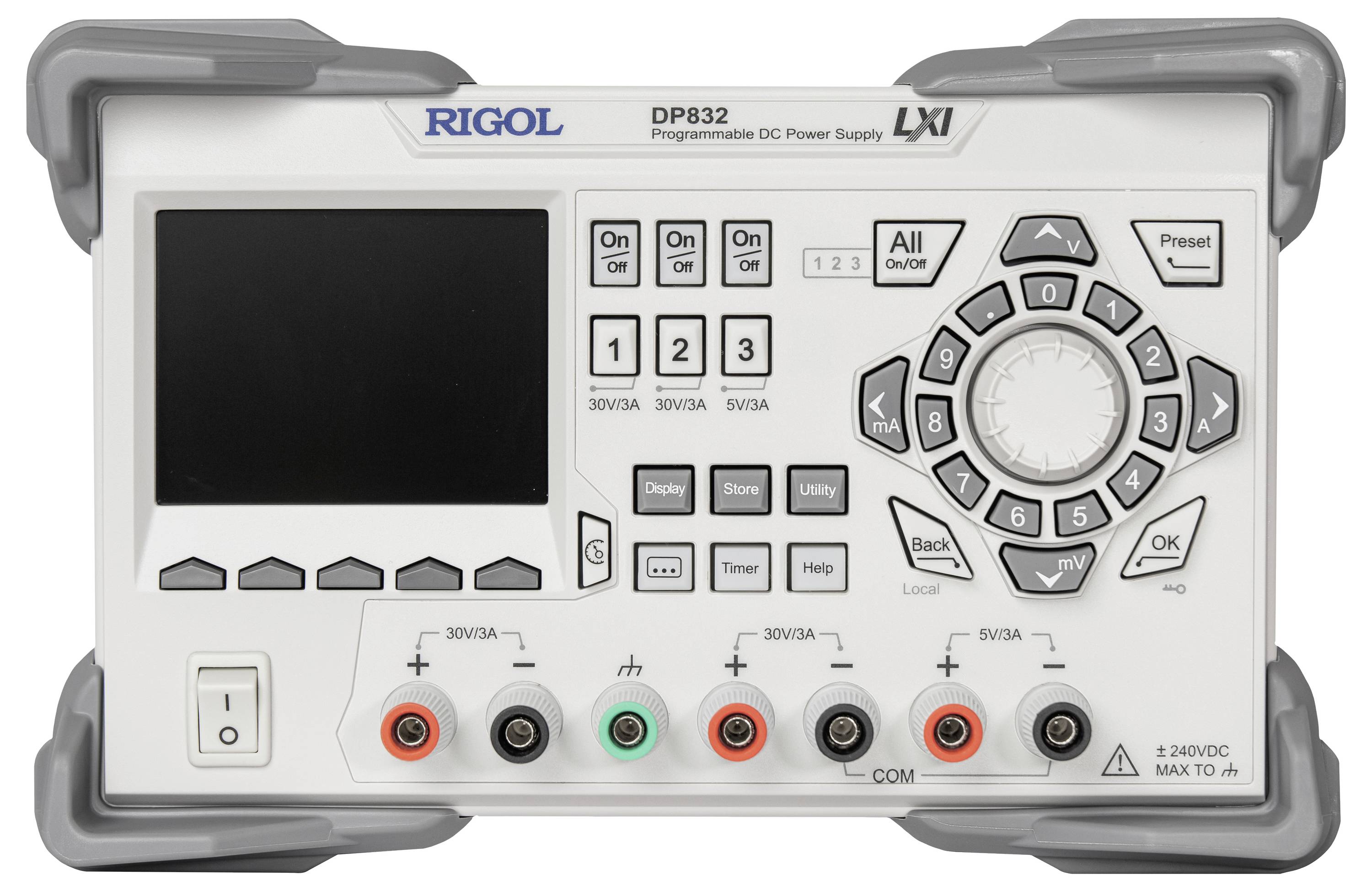 Rigol DP832 programabilno DC napajanje s zaslonom i upravljačkom pločom, više priključaka i okretni kotač za podešavanje.