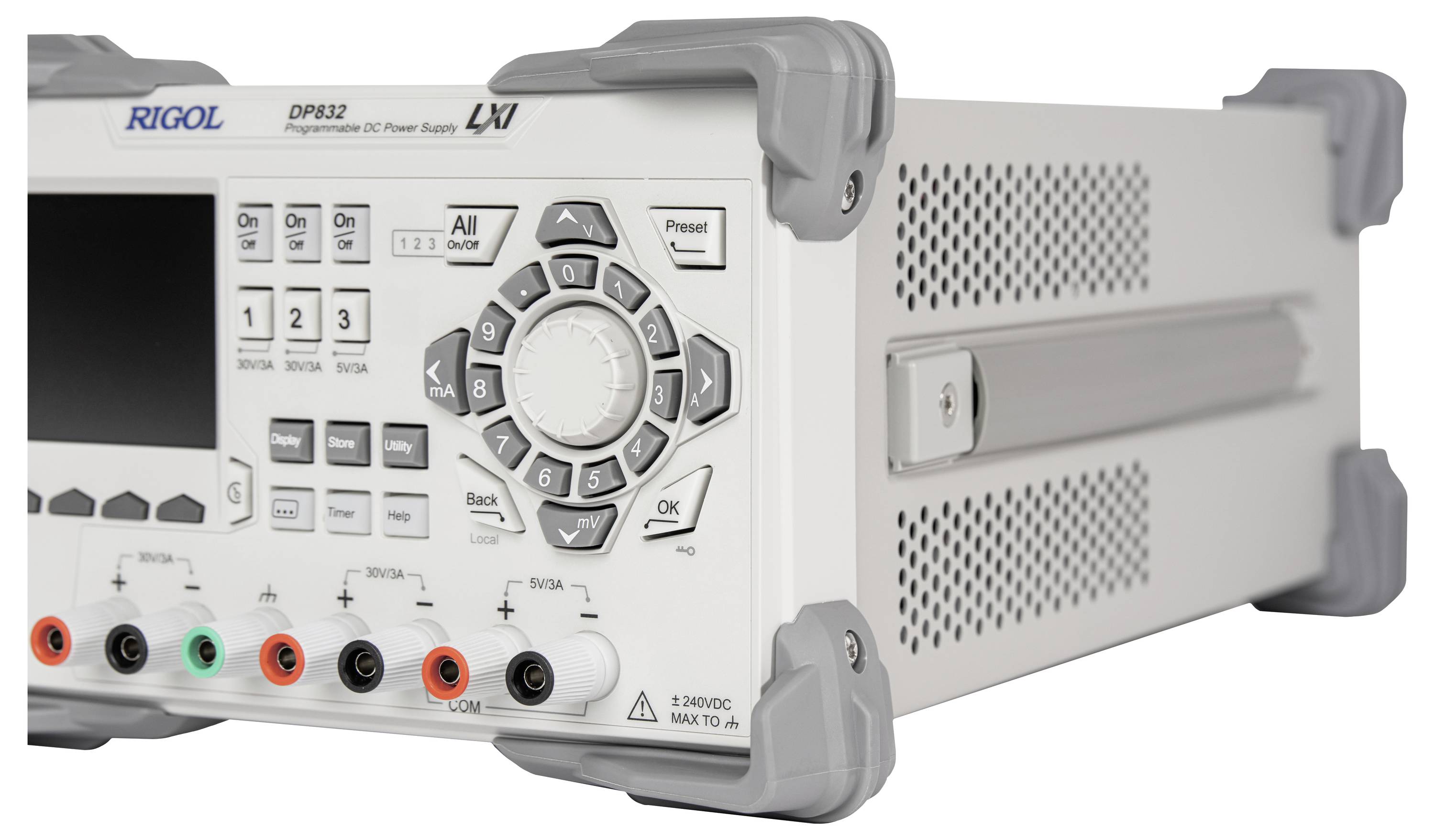 Sivi električni mjerni uređaj s tipkama i okretnim upravljačem na prednjoj strani omogućava precizno upravljanje i mjerenje napona.