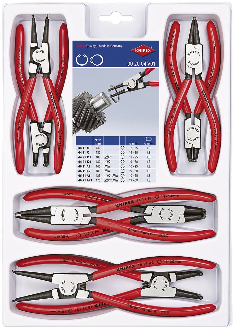 Set 'Knipex' s nekoliko crvenih kliješta u plastičnoj ambalaži, ilustracija i tablica sa specifikacijama kliješta na papiru u sredini.