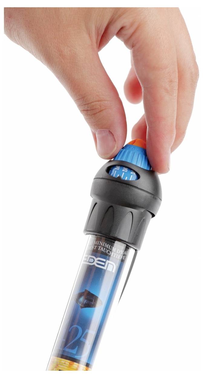 Ruka koja podešava okretač na prozirnoj cijevnoj grijalici s plavim i narančastim upravljačkim gumbom, označenoj natpisom 'EDEN', namijenjenoj za upotrebu u akvariju.