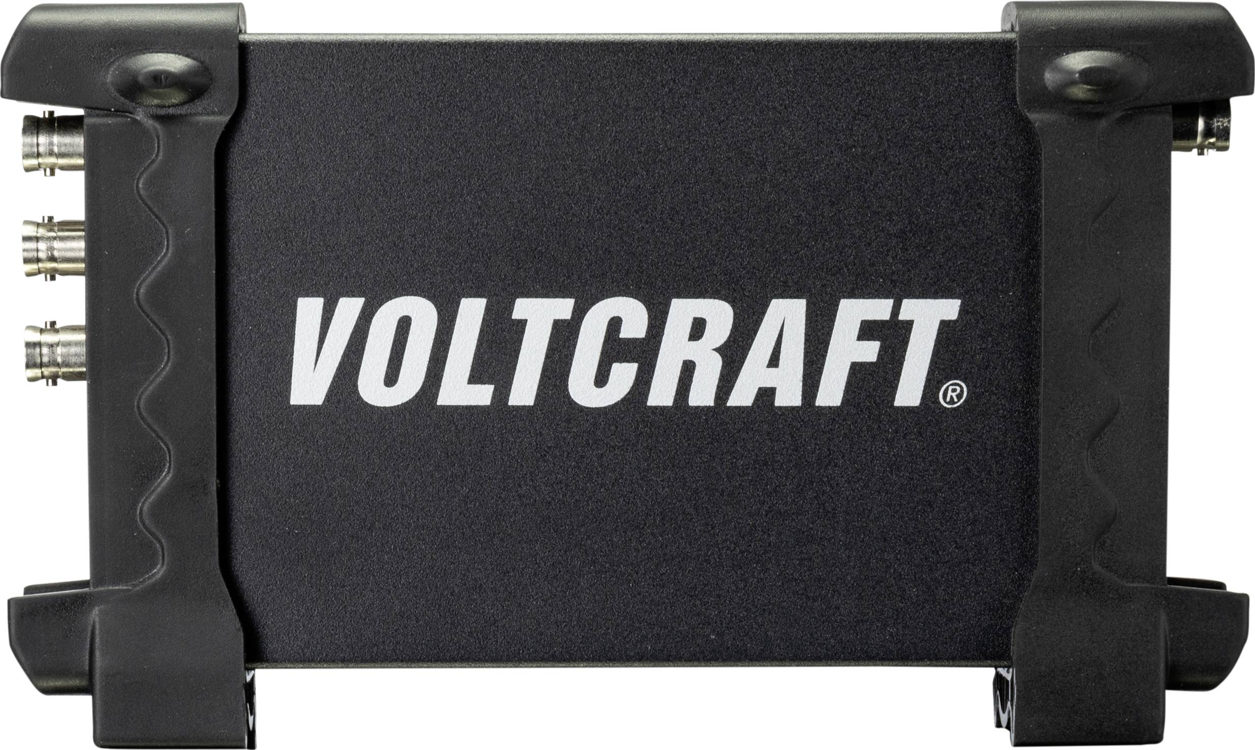 Crni elektronički uređaj s bijelim natpisom 'VOLTCRAFT' na prednjoj strani, okružen metalnim priključcima.