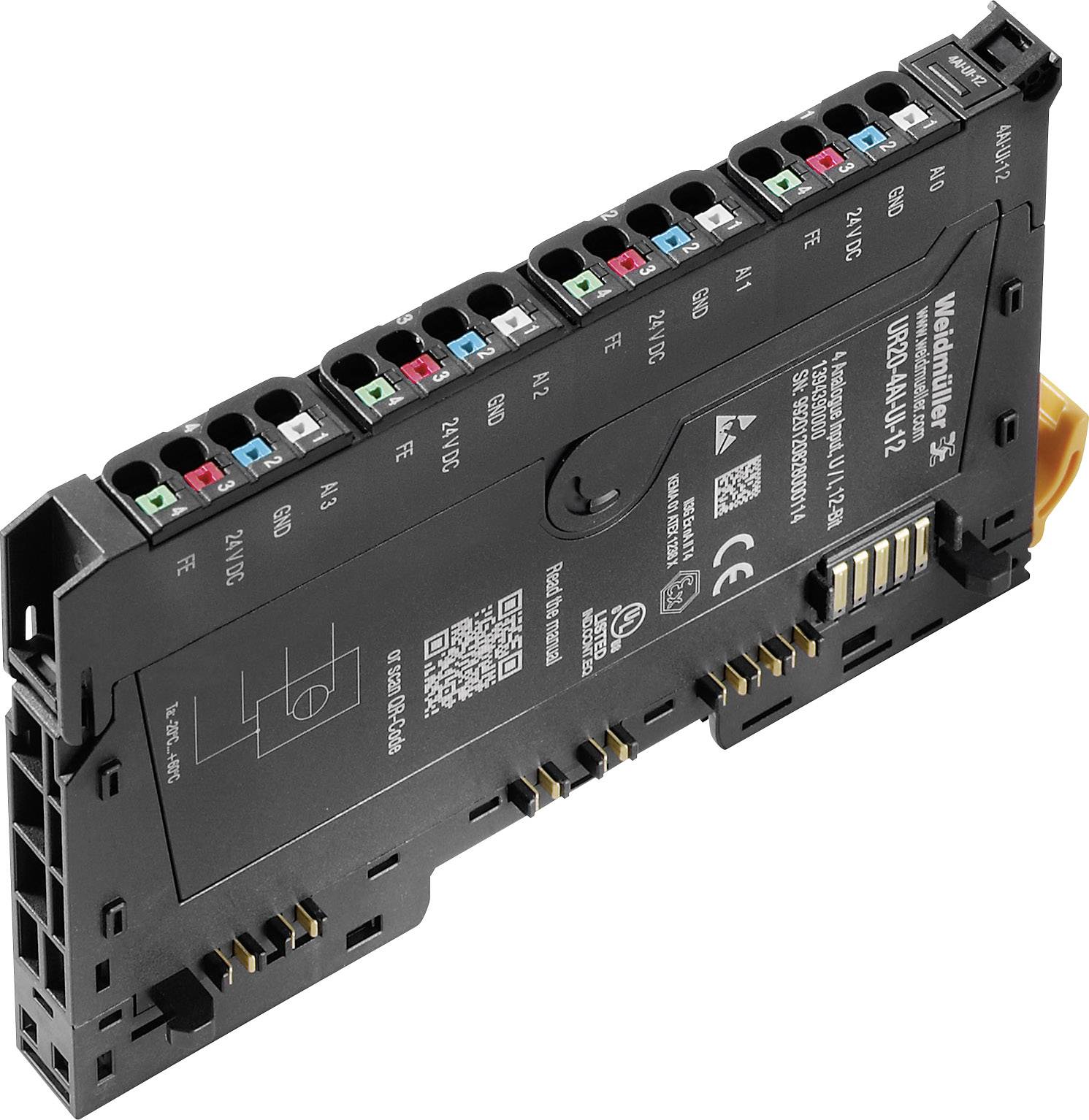 Crna elektronička komponenta s obojenim priključcima i natpisom. Koristi se u industrijskim automatizacijskim sustavima.