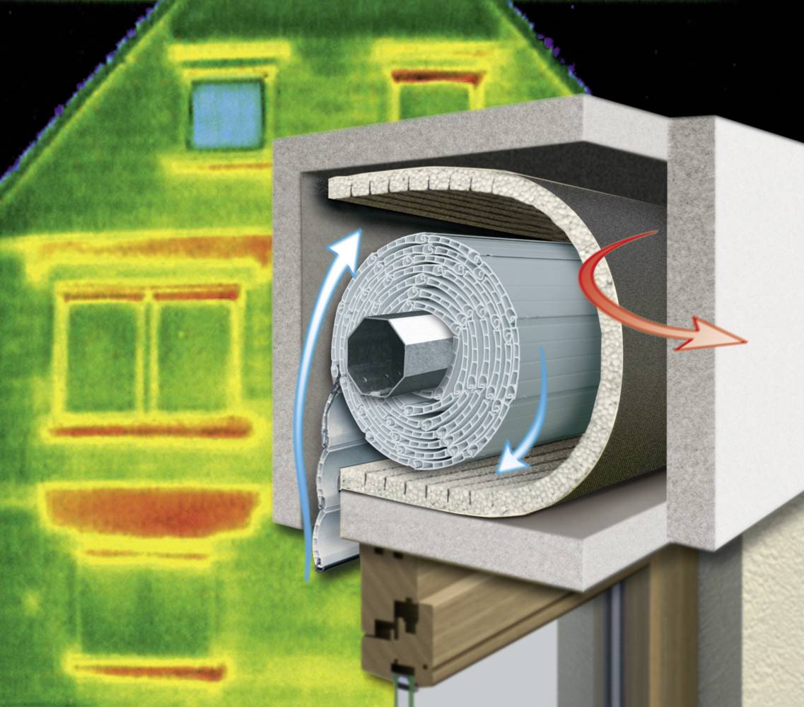 Termalna slika kuće prikazuje gubitak topline na prozorima. U prednjem planu presjek s roletom koja ima izolacijski učinak.