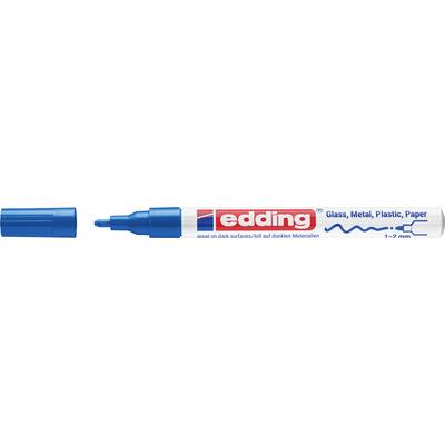 Edding marker olovka sa plavom kapom i plavim vrhom, označena za staklo, metal, plastiku i papir; širina linije 1,2 mm.
