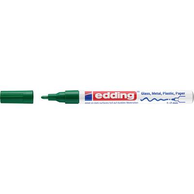 Zeleni Edding marker pokazan u dva dijela, s nazivom marke 'edding' i tekstom 'Glass, Metal, Plastic, Paper' na pakiranju.