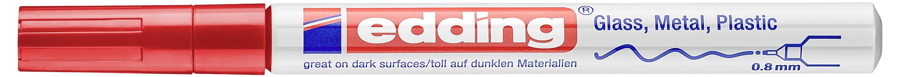 Crveni marker za bojanje Edding 780 označen za staklo, metal i plastiku, s finim vrhom od 0,8 mm za tamne površine.