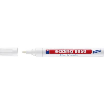 Bijela markerna olovka za gume Edding 8050 s crveno-bijelom naljepnicom i kapom, prikazana vodoravno na sivoj pozadini.