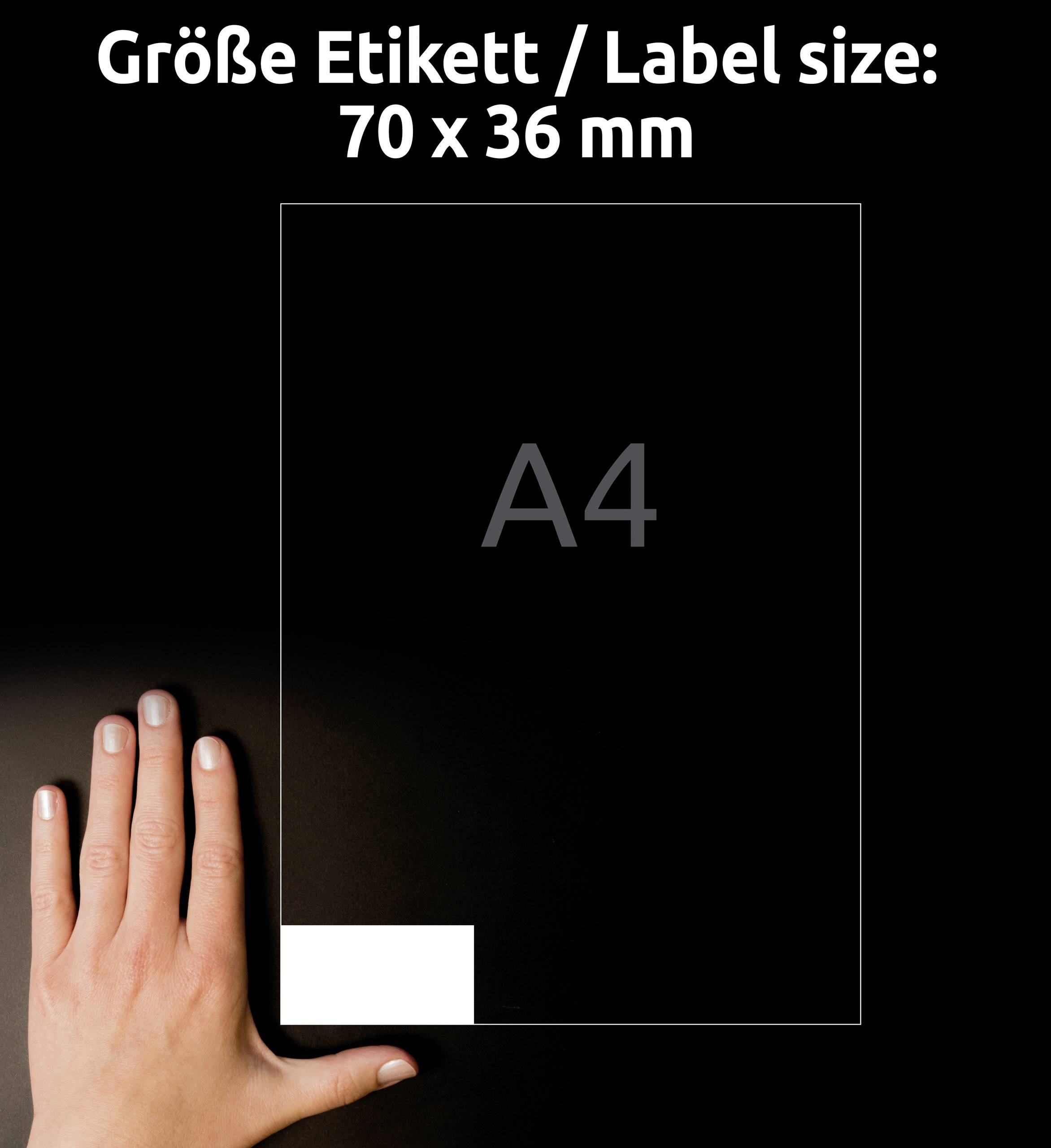 Ruka pokazuje položaj naljepnice veličine 70 x 36 mm na A4 listu. Gore piše 'Veličina naljepnice / Veličina naljepnice: 70 x 36 mm'.