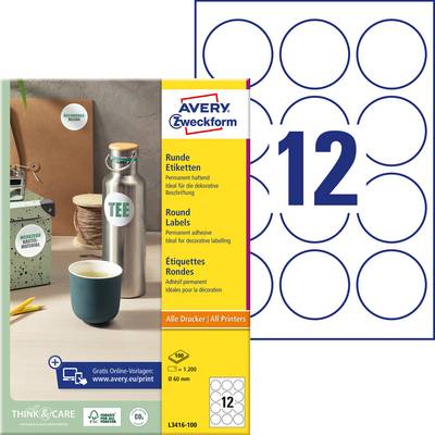 Pakiranje Avery Zweckform okruglih naljepnica, 12 naljepnica po listu. Pored toga šalica kave, termos boca s natpisom 'Tea'.