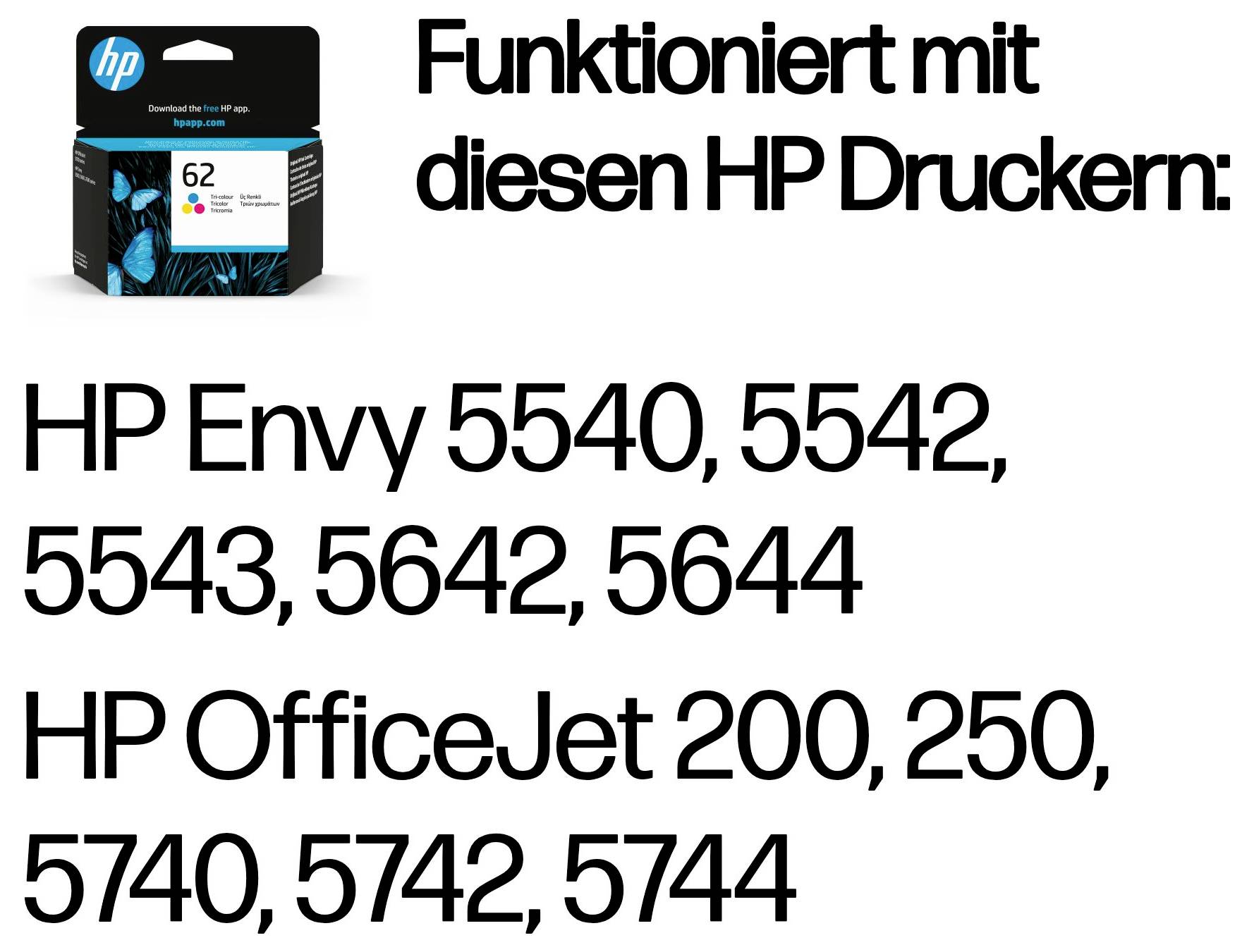 Popis kompatibilnosti tinti HP 62 za HP pisače: Envy 5540, 5542, 5543, 5642, 5644 i OfficeJet 200, 250, 5740, 5742, 5744.