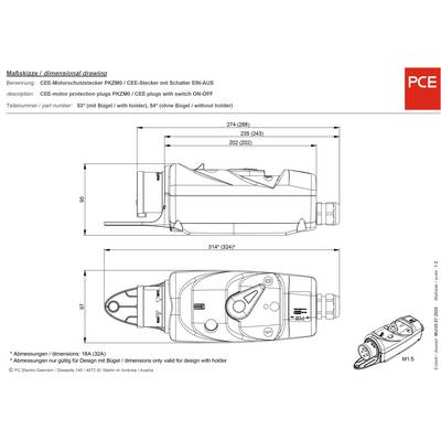 'Tehnički nacrt CEE motornog zaštitnog utikača sa prekidačem. Sadržava dimenzije i detalje priključaka za optimizaciju dizajna.'