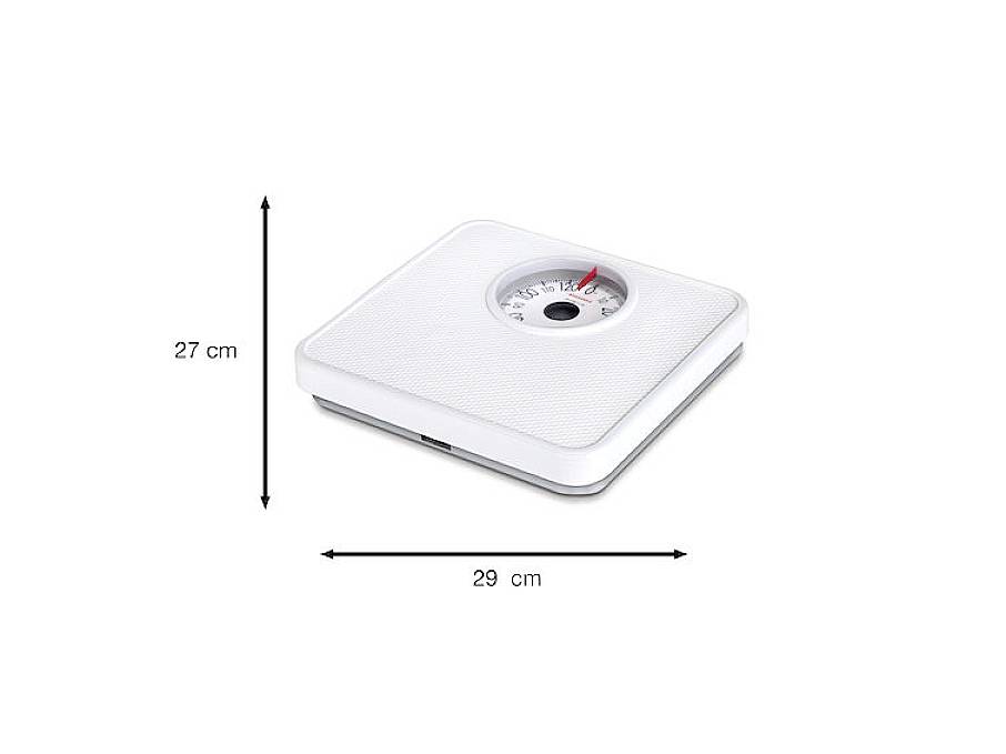Bijela mehanička osobna vaga s analognim brojčanikom. Dimenzije su 27 cm duljine i 29 cm širine.