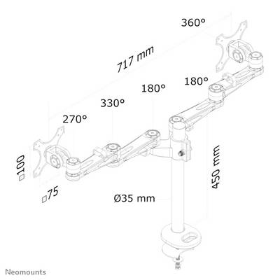 Dva nosača monitora s podesivim rukama, ukupne dužine 717 mm, vertikalne visine 450 mm, okretljivi za 360 stupnjeva, nagibljivi za 180 stupnjeva.