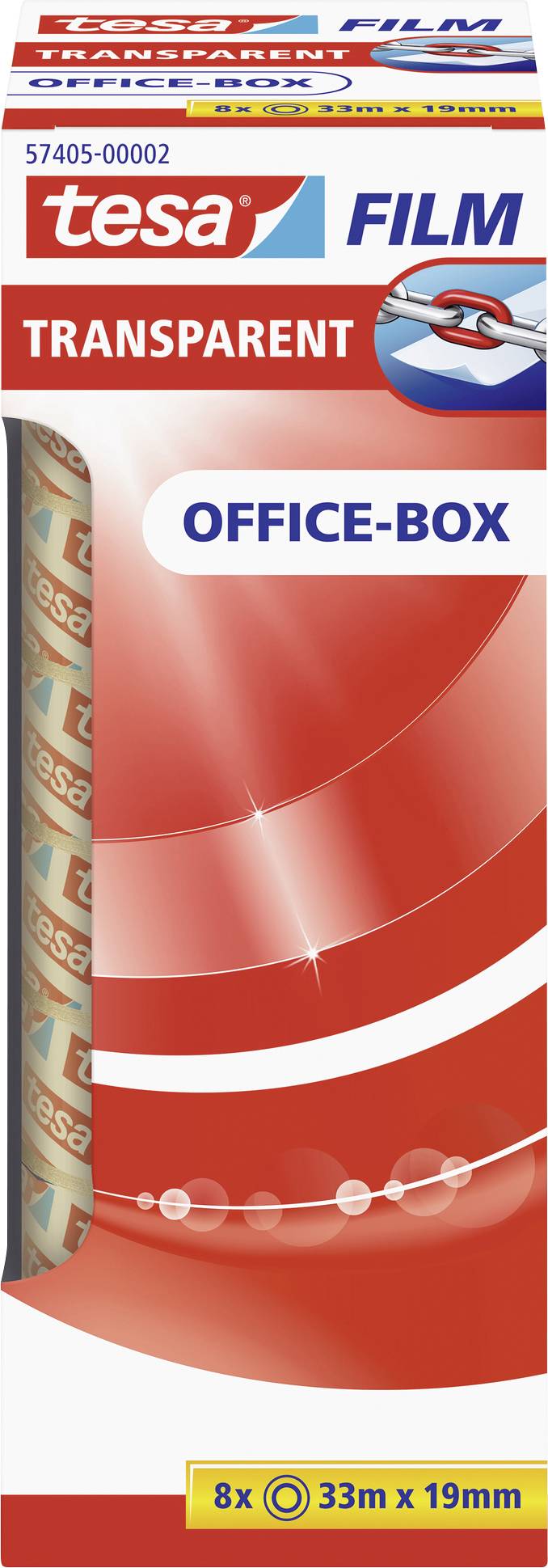 Ambalaža prozirne ljepljive trake marke tesa. Sadrži 8 rolni, svaka duga 33 m, široka 19 mm. Oznaka: OFFICE-BOX.