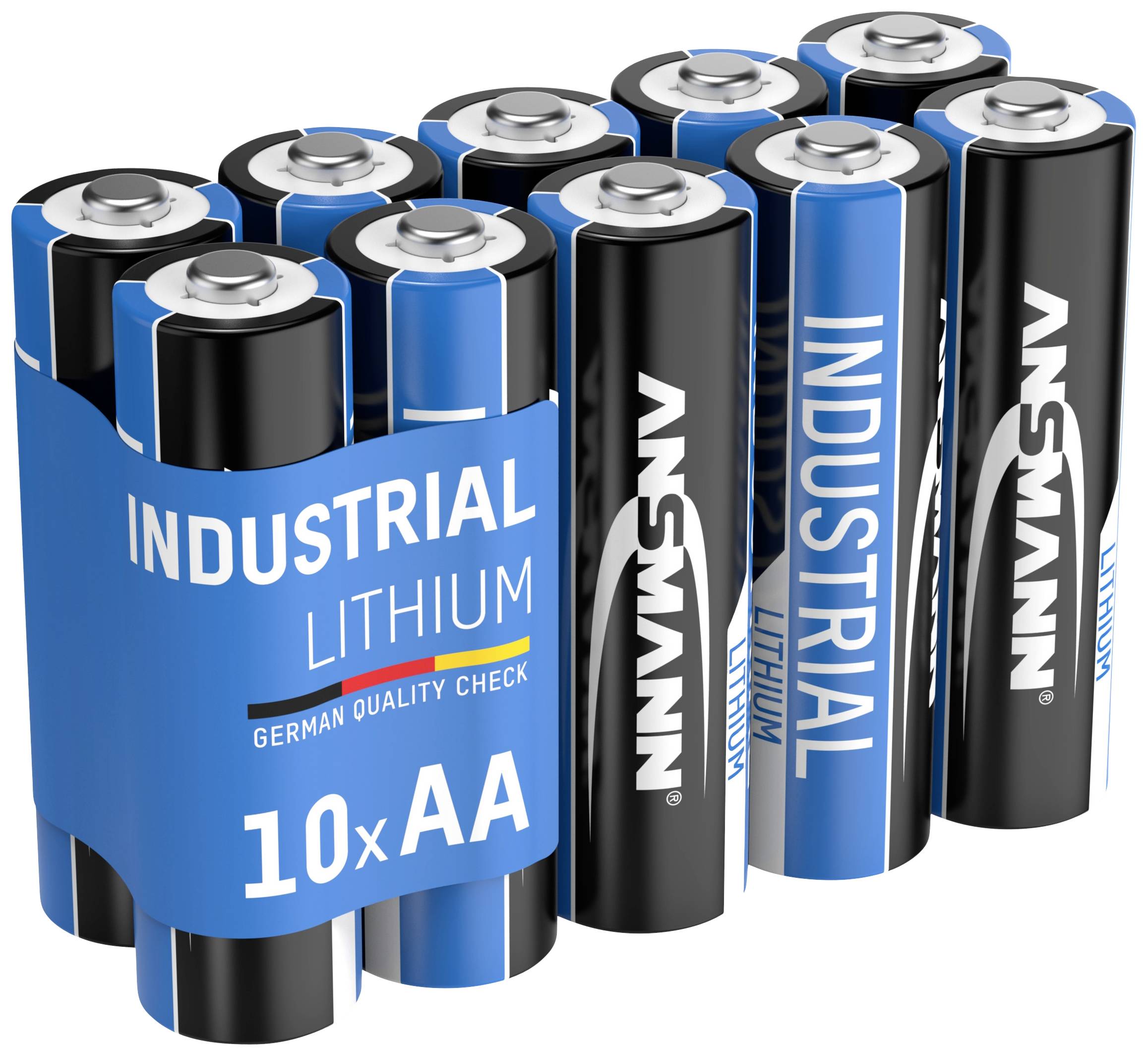 Deset AA litij-baterija u pakiranju s natpisom 'INDUSTRIAL LITHIUM', vidljiv naziv marke, postavljenih okomito.