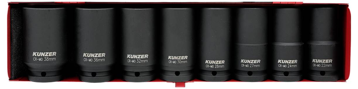Set od sedam crnih vijčanih čepova u crvenoj kutiji, svaki označen natpisom 'KUNZER' i različitih promjera od 19 mm do 27 mm.